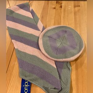 NWT Bonjour Beret Hat & Matching Striped Knit Scarf Set Purple, Pink & Grey